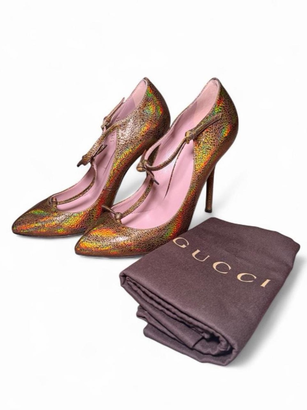 Gucci Iridescent gold Multi-Color T-Strap Pointed Toe Pumps 36